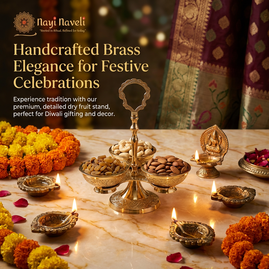 Premium Pure Brass Dry Fruit Stand – 3 Bowl Designer Server