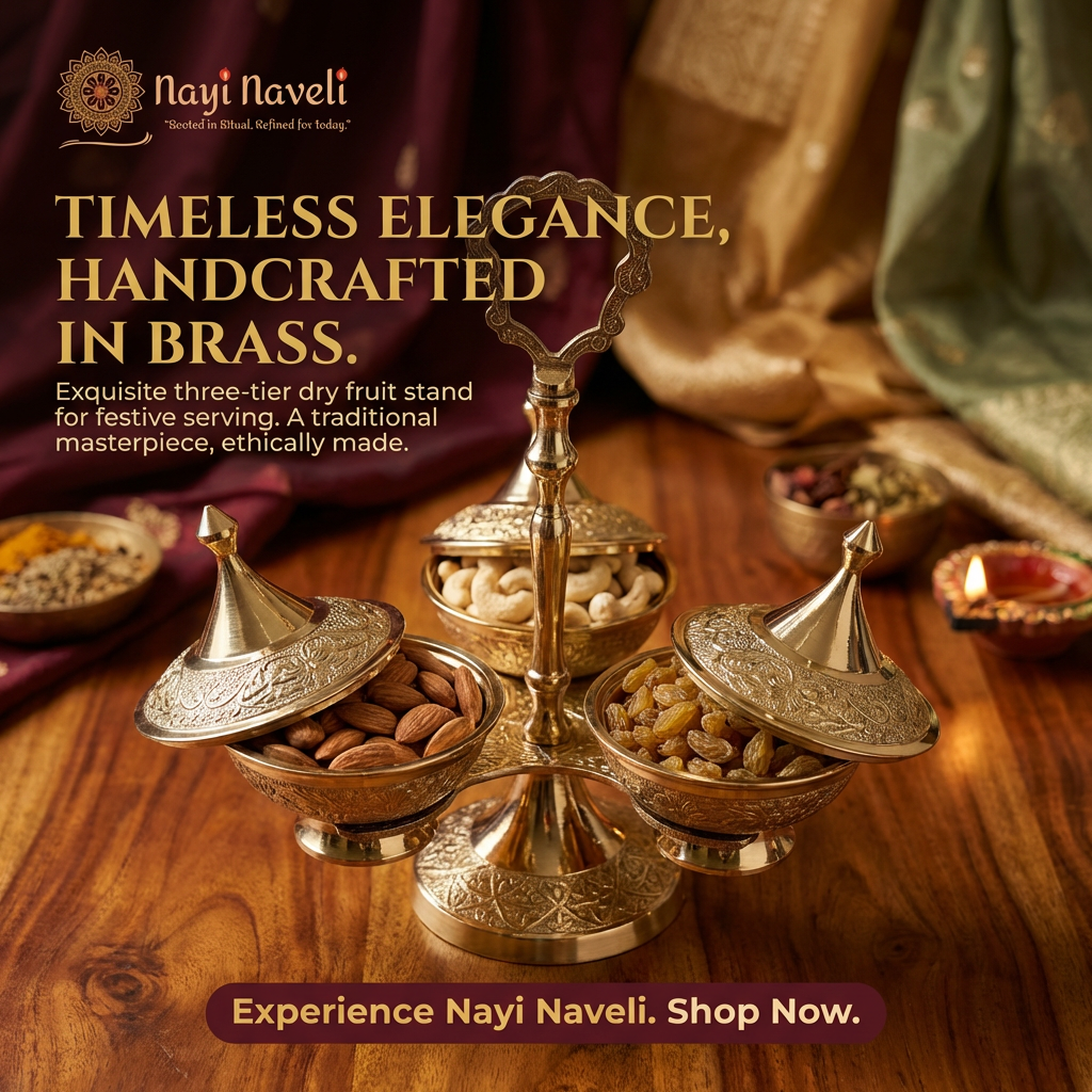 Premium Pure Brass Dry Fruit Stand – 3 Bowl Designer Server
