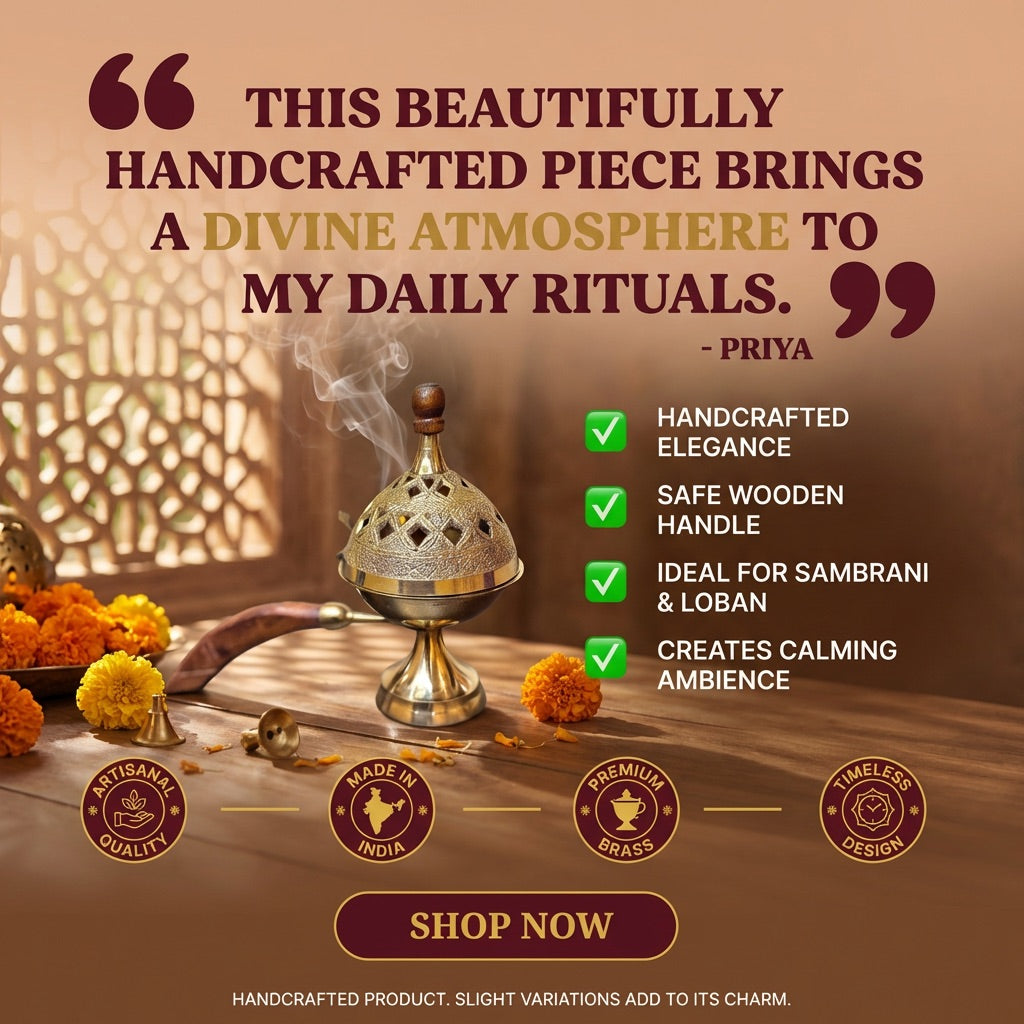 🪔 Premium Brass Dhoop Daani with Wooden Handle – Made in India