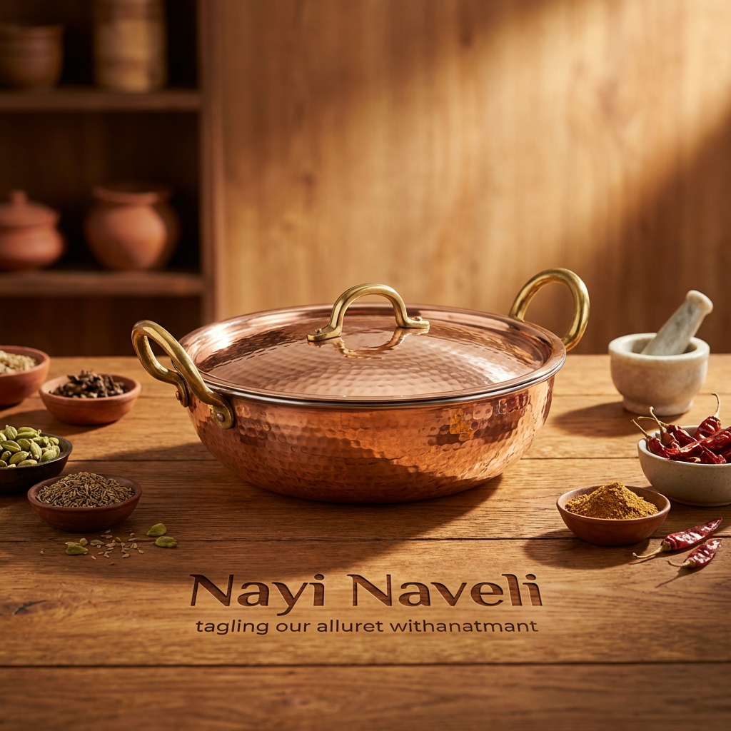 Nayi Naveli Premium Hammered Copper Kadhai with Lid (Tin Lined)