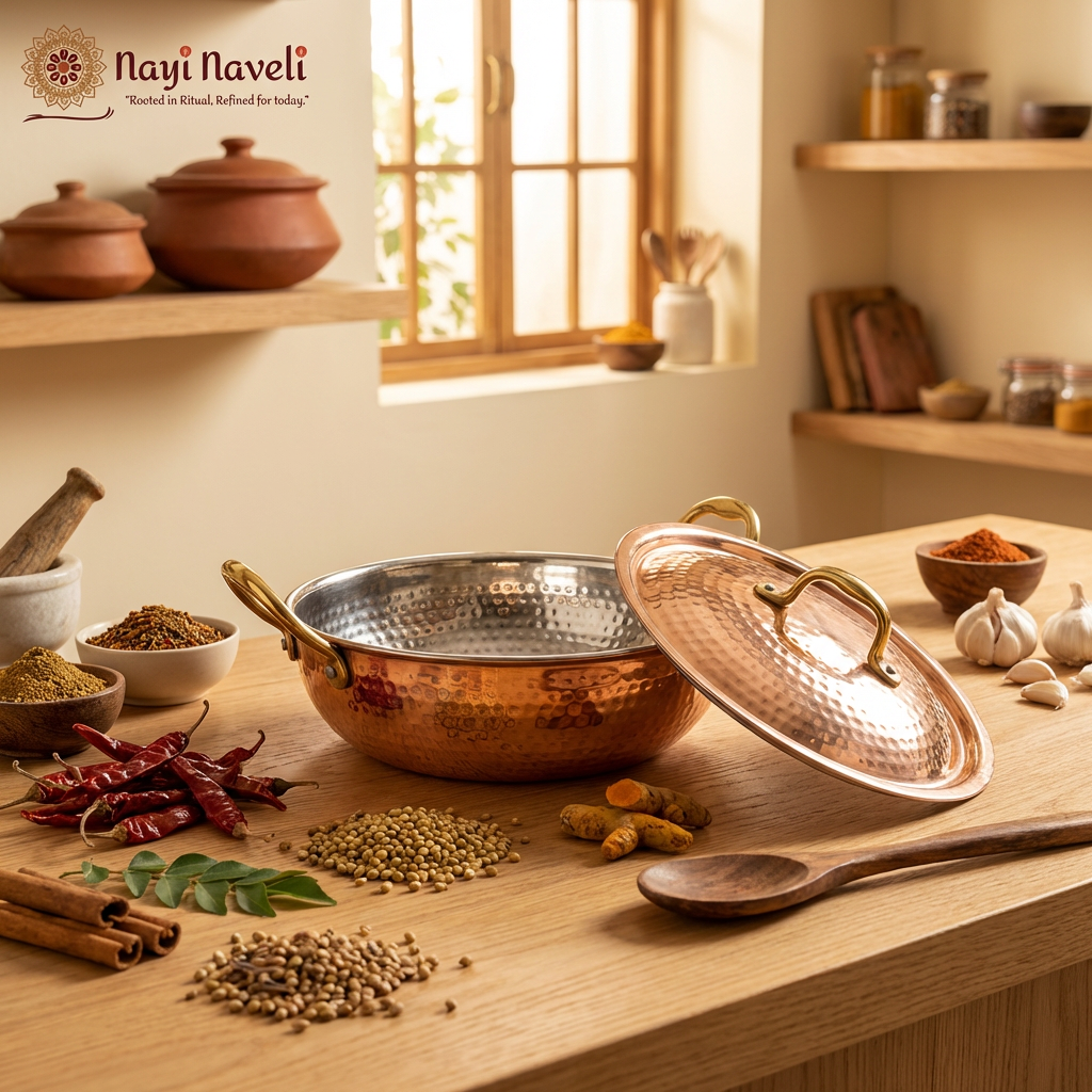 Nayi Naveli Premium Hammered Copper Kadhai with Lid (Tin Lined)