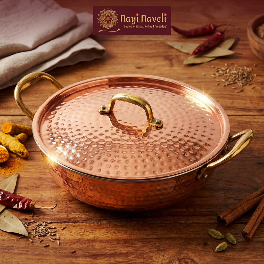 Nayi Naveli Premium Hammered Copper Kadhai with Lid (Tin Lined)