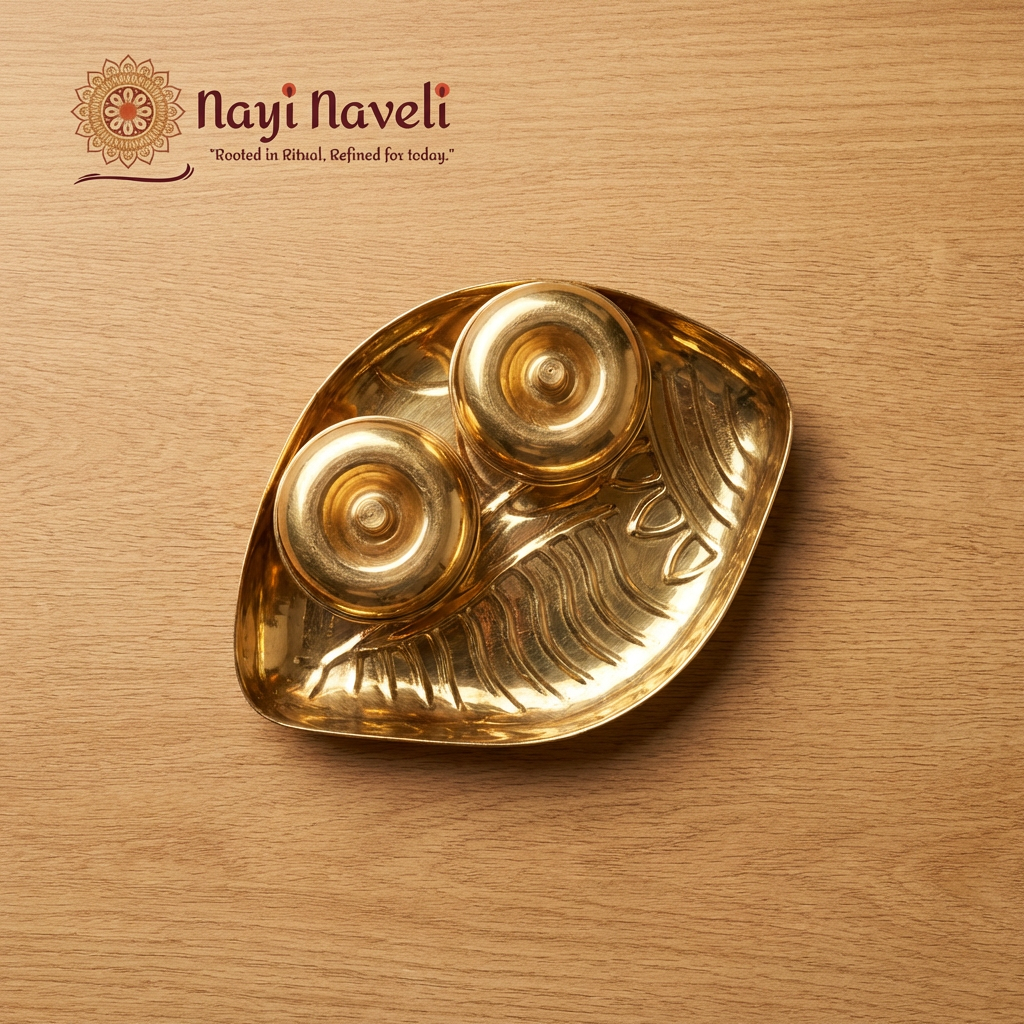 Premium Brass Kumkum Haldi Container (Double Bowl with Plate) – Traditional Pooja Essential | Made in India