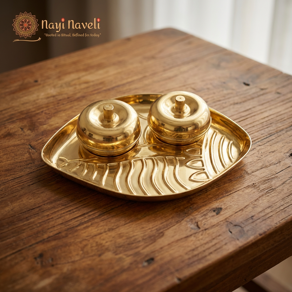Premium Brass Kumkum Haldi Container (Double Bowl with Plate) – Traditional Pooja Essential | Made in India