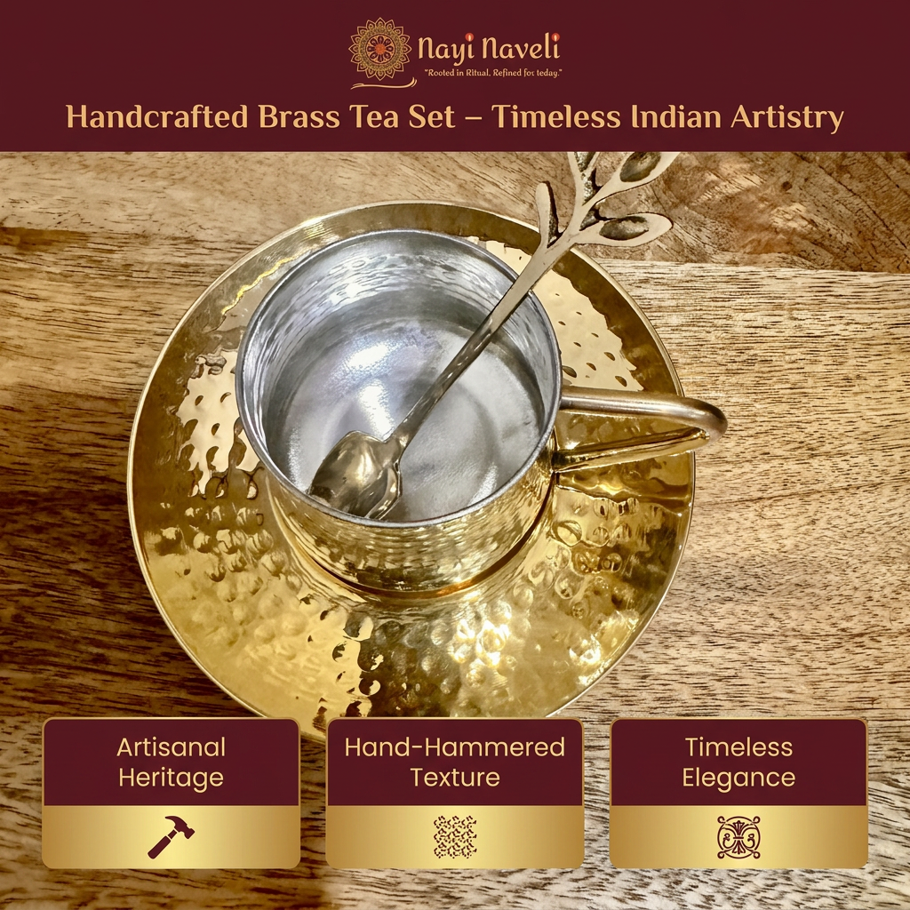 Nayi Naveli Premium Hand-Hammered Brass Tea Cup & Saucer Set with Decorative Spoon | Kalai Coated Interior | Luxury Indian Serveware | Made in India