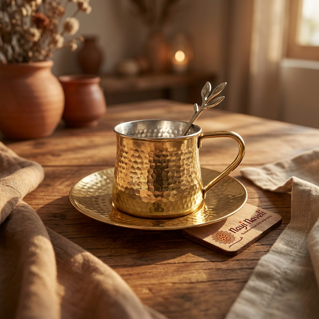 Nayi Naveli Premium Hand-Hammered Brass Tea Cup & Saucer Set with Decorative Spoon | Kalai Coated Interior | Luxury Indian Serveware | Made in India