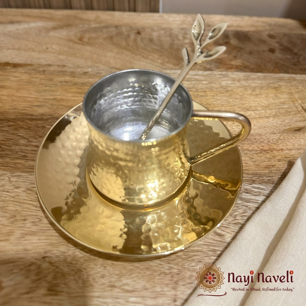 Nayi Naveli Premium Hand-Hammered Brass Tea Cup & Saucer Set with Decorative Spoon | Kalai Coated Interior | Luxury Indian Serveware | Made in India