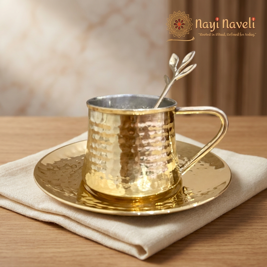 Nayi Naveli Premium Hand-Hammered Brass Tea Cup & Saucer Set with Decorative Spoon | Kalai Coated Interior | Luxury Indian Serveware | Made in India