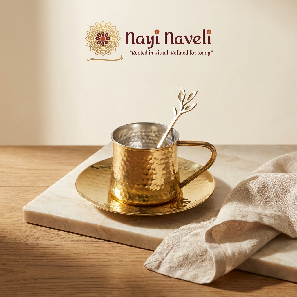 Nayi Naveli Premium Hand-Hammered Brass Tea Cup & Saucer Set with Decorative Spoon | Kalai Coated Interior | Luxury Indian Serveware | Made in India