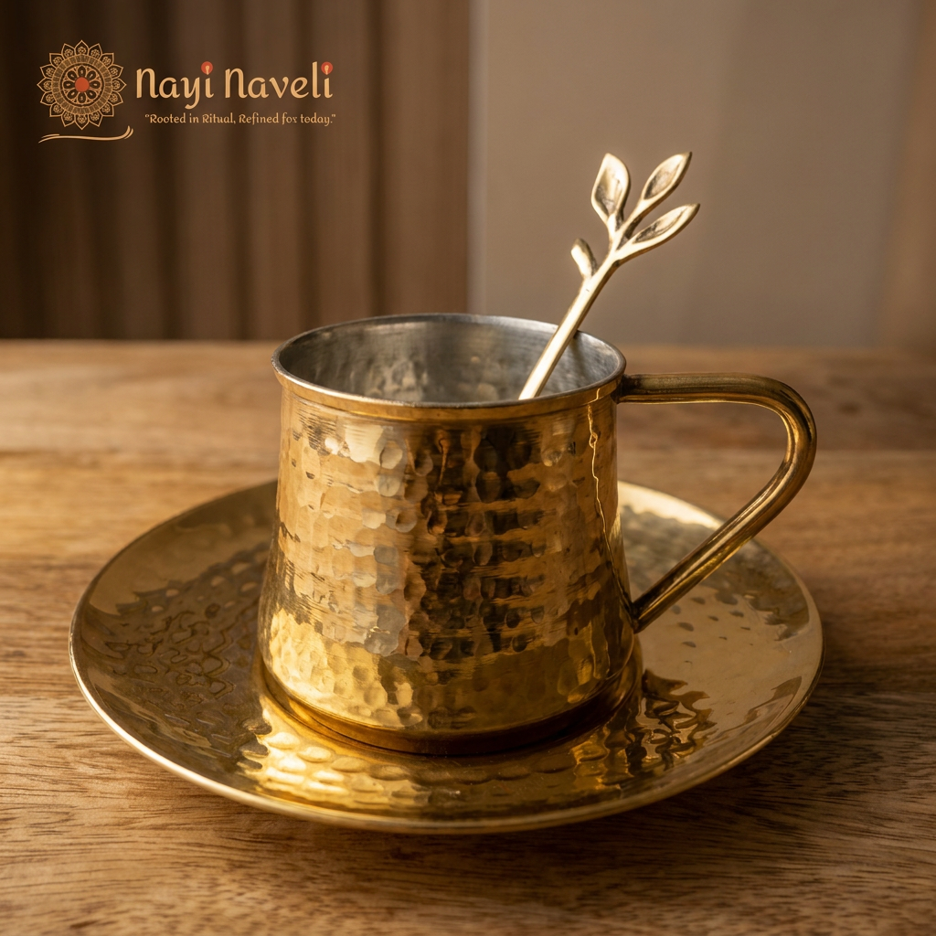 Nayi Naveli Premium Hand-Hammered Brass Tea Cup & Saucer Set with Decorative Spoon | Kalai Coated Interior | Luxury Indian Serveware | Made in India