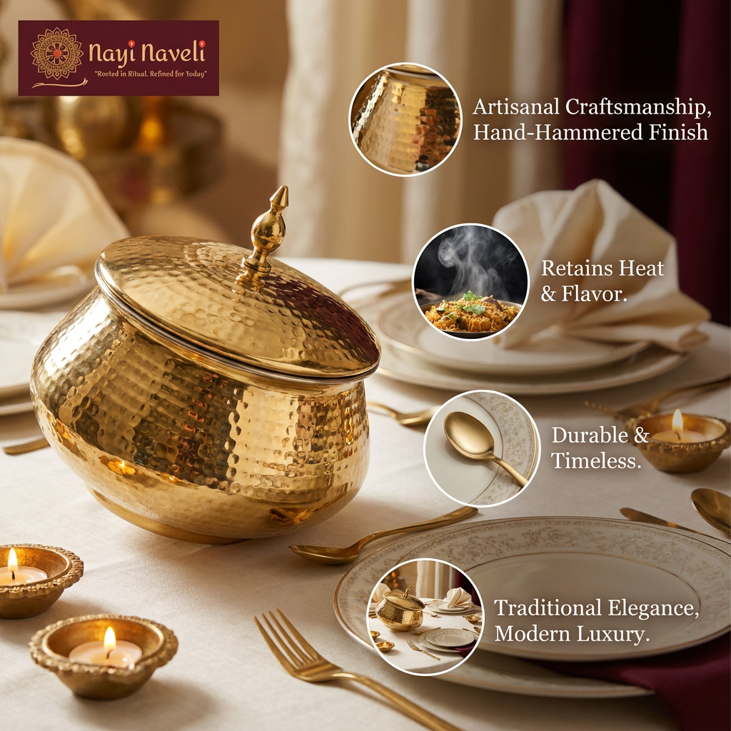 Nayi Naveli Premium Hand-Hammered Brass Biryani Matka Handi with Lid | Traditional Serving Pot for Biryani, Pulao & Curries | Made in India