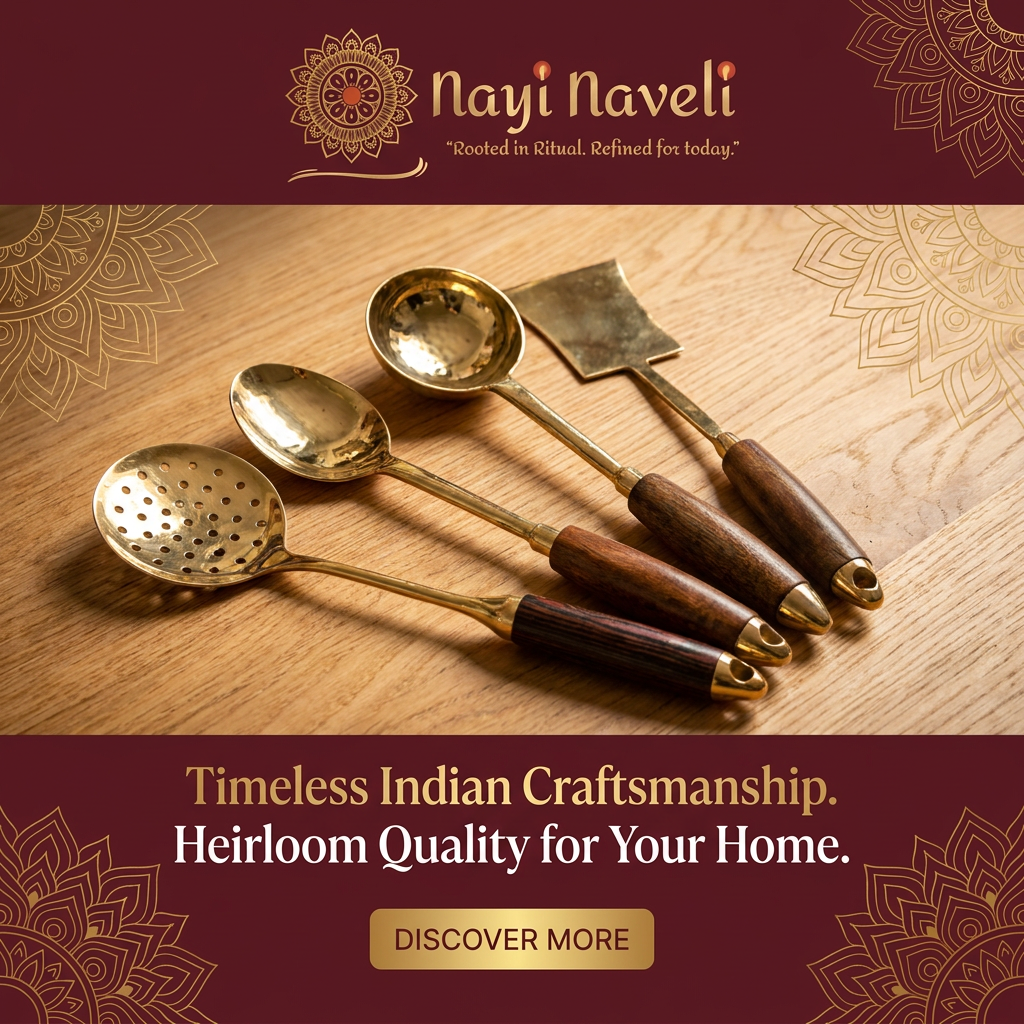 Premium Brass Kitchen Utensil Set with Wooden Handles | Handmade Brass Cooking Tools  | Ladle (Kadchi) | Rice Spoon | Skimmer (Jhara) | Spatula (Palta) | Made in India