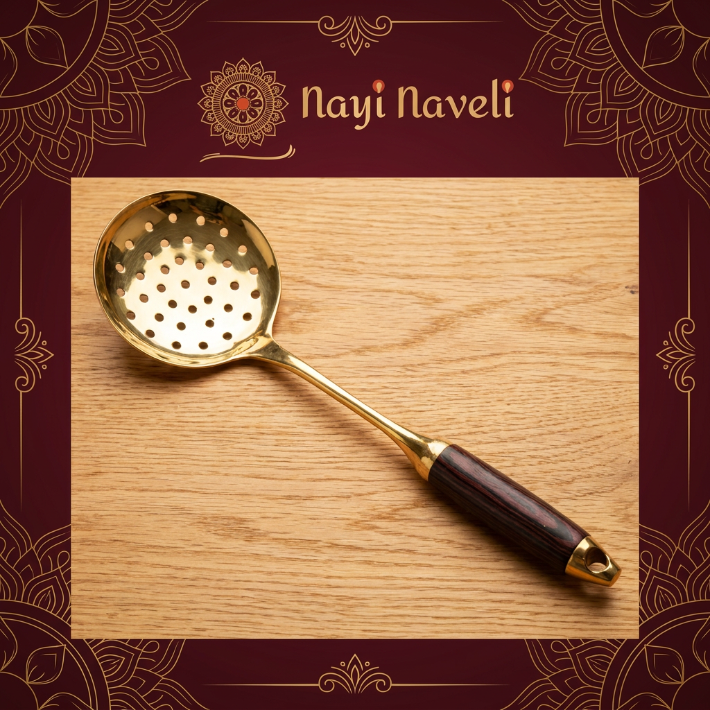 Premium Brass Kitchen Utensil Set with Wooden Handles | Handmade Brass Cooking Tools  | Ladle (Kadchi) | Rice Spoon | Skimmer (Jhara) | Spatula (Palta) | Made in India