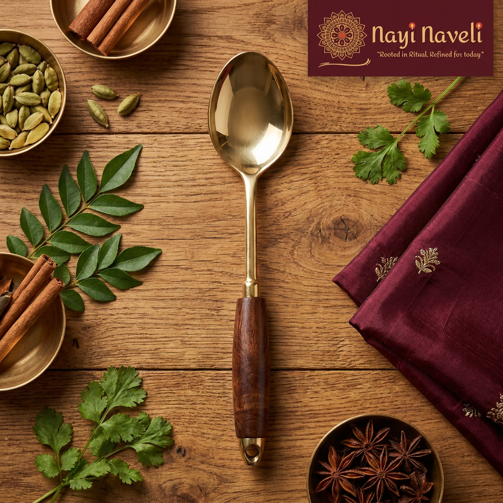 Premium Brass Kitchen Utensil Set with Wooden Handles | Handmade Brass Cooking Tools  | Ladle (Kadchi) | Rice Spoon | Skimmer (Jhara) | Spatula (Palta) | Made in India