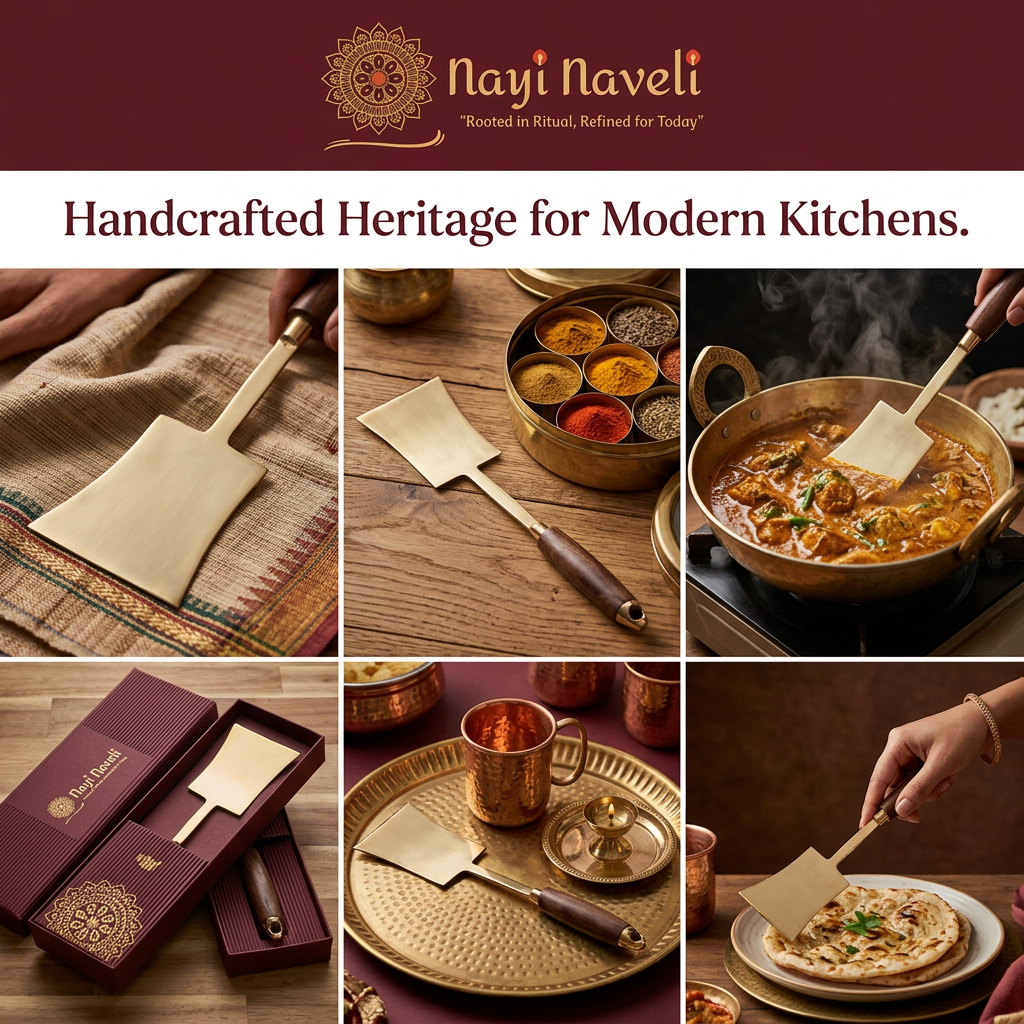 Premium Brass Kitchen Utensil Set with Wooden Handles | Handmade Brass Cooking Tools  | Ladle (Kadchi) | Rice Spoon | Skimmer (Jhara) | Spatula (Palta) | Made in India