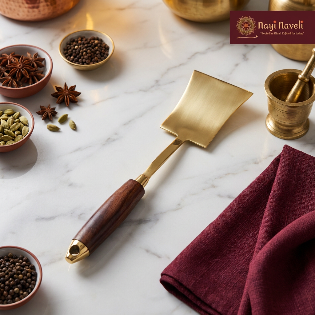 Premium Brass Kitchen Utensil Set with Wooden Handles | Handmade Brass Cooking Tools  | Ladle (Kadchi) | Rice Spoon | Skimmer (Jhara) | Spatula (Palta) | Made in India