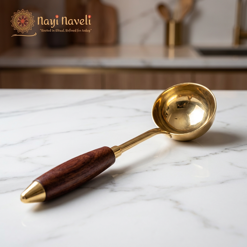 Premium Brass Kitchen Utensil Set with Wooden Handles | Handmade Brass Cooking Tools  | Ladle (Kadchi) | Rice Spoon | Skimmer (Jhara) | Spatula (Palta) | Made in India