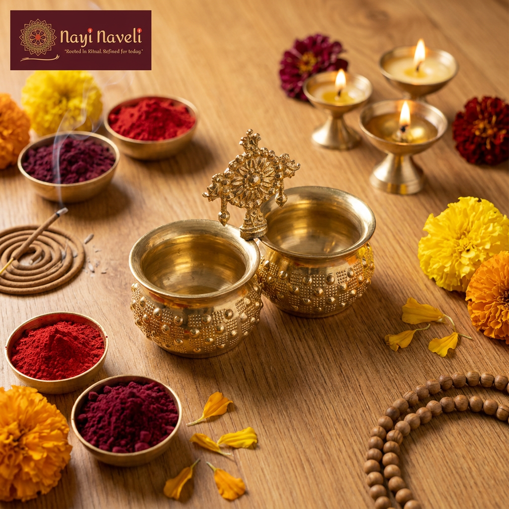 Nayi Naveli Brass Shanku Chakra Chowpala | Traditional Pooja Return Gift for Weddings & Ceremonies
