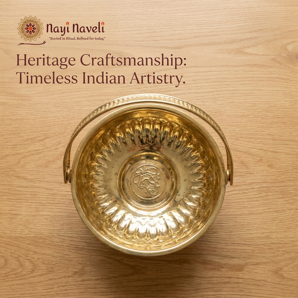 Nayi Naveli Handcrafted Brass Flower Basket 17 cm | Decorative Floral Arrangement Container with Handle