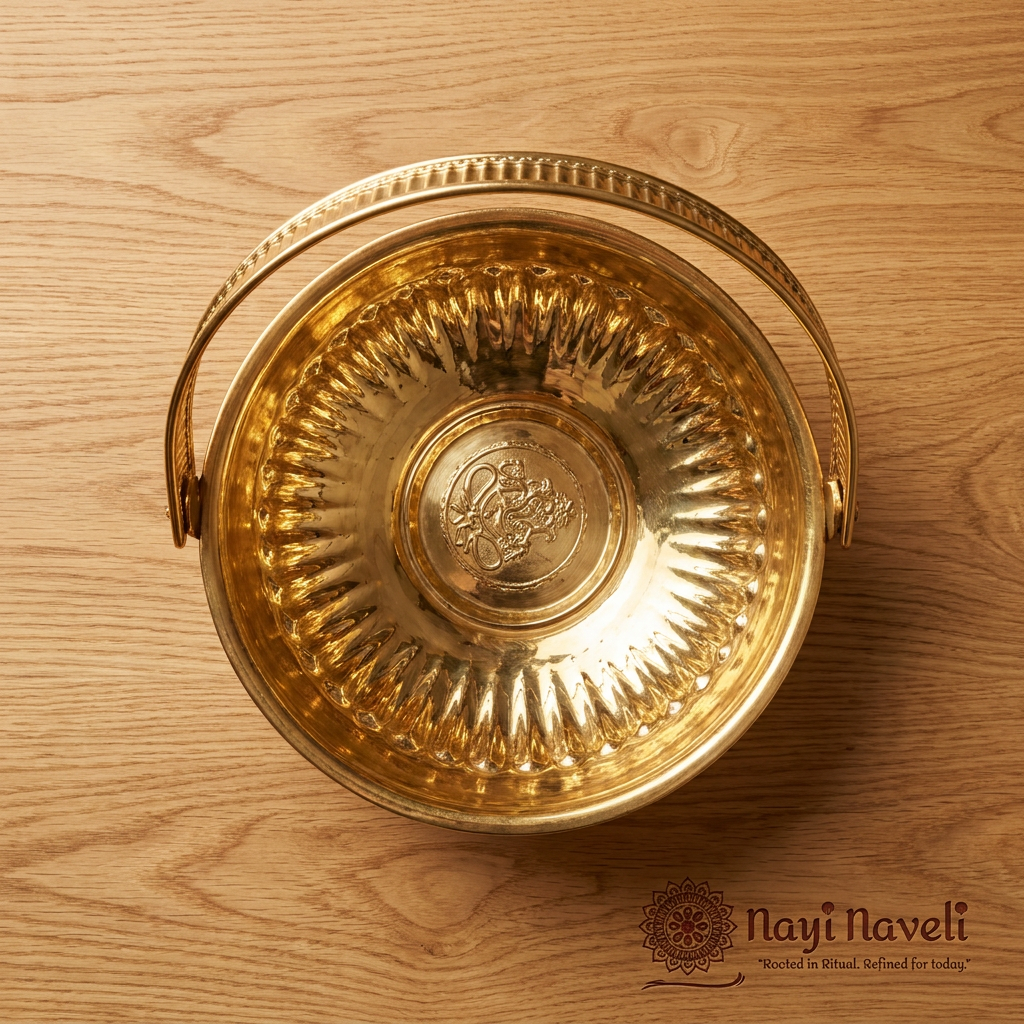 Nayi Naveli Handcrafted Brass Flower Basket 17 cm | Decorative Floral Arrangement Container with Handle