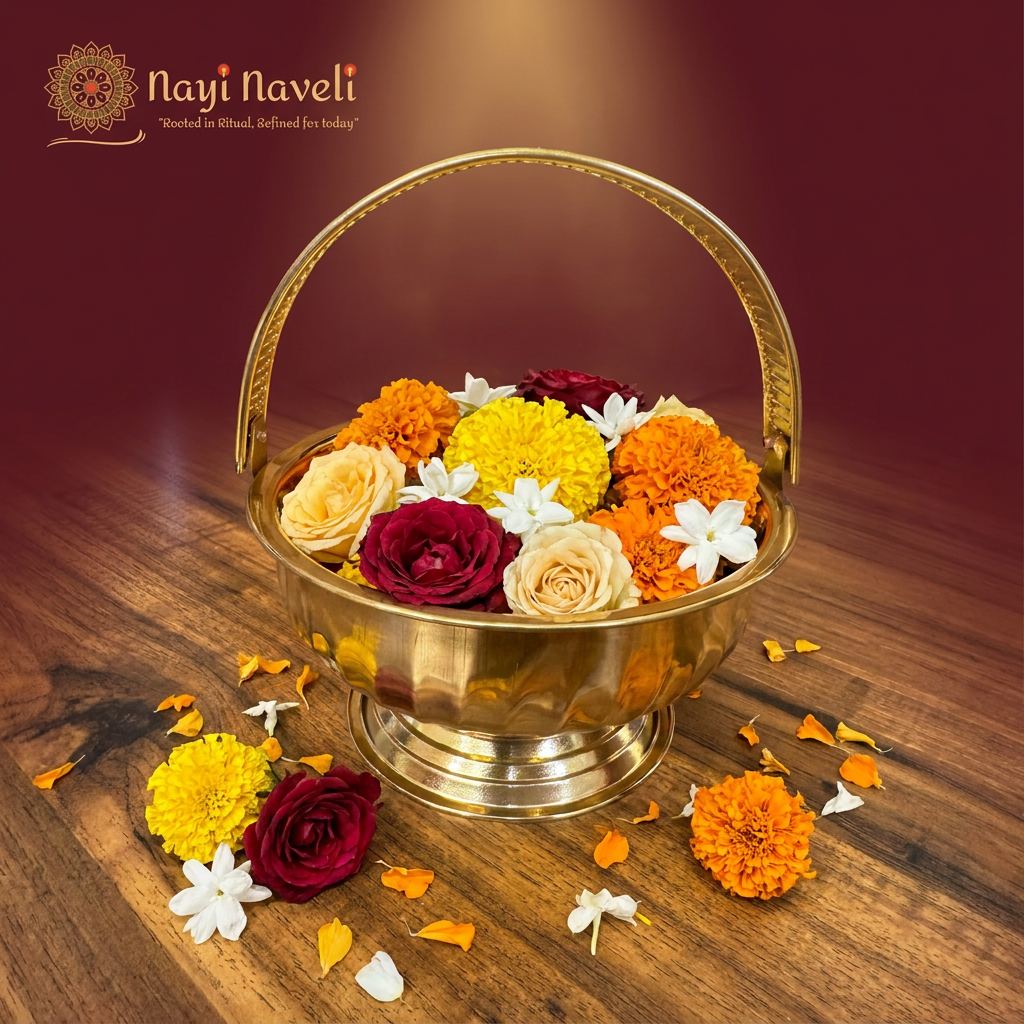 Nayi Naveli Handcrafted Brass Flower Basket 17 cm | Decorative Floral Arrangement Container with Handle
