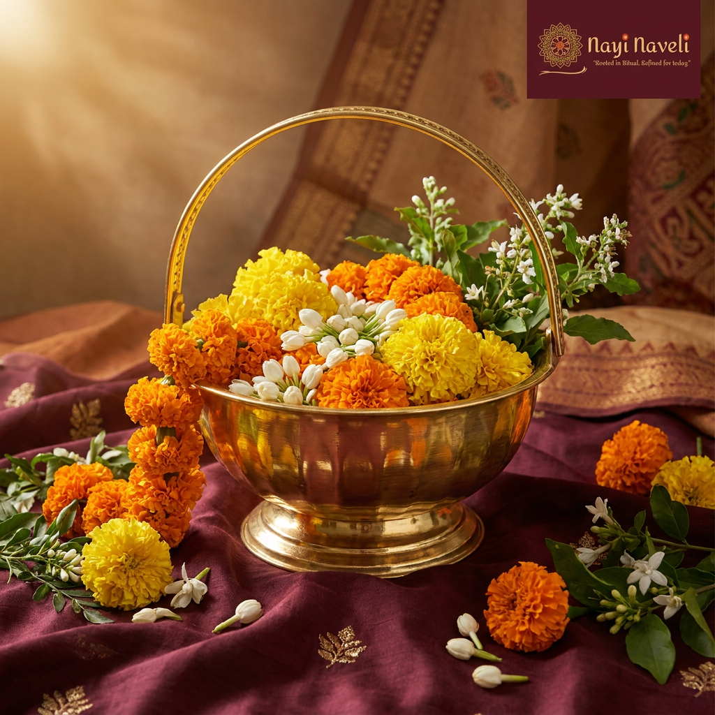Nayi Naveli Handcrafted Brass Flower Basket 17 cm | Decorative Floral Arrangement Container with Handle