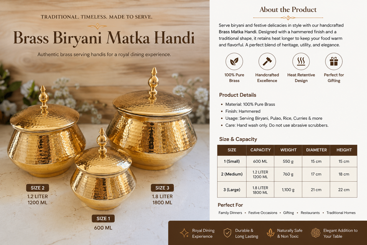 Nayi Naveli Premium Hand-Hammered Brass Biryani Matka Handi with Lid | Traditional Serving Pot for Biryani, Pulao & Curries | Made in India