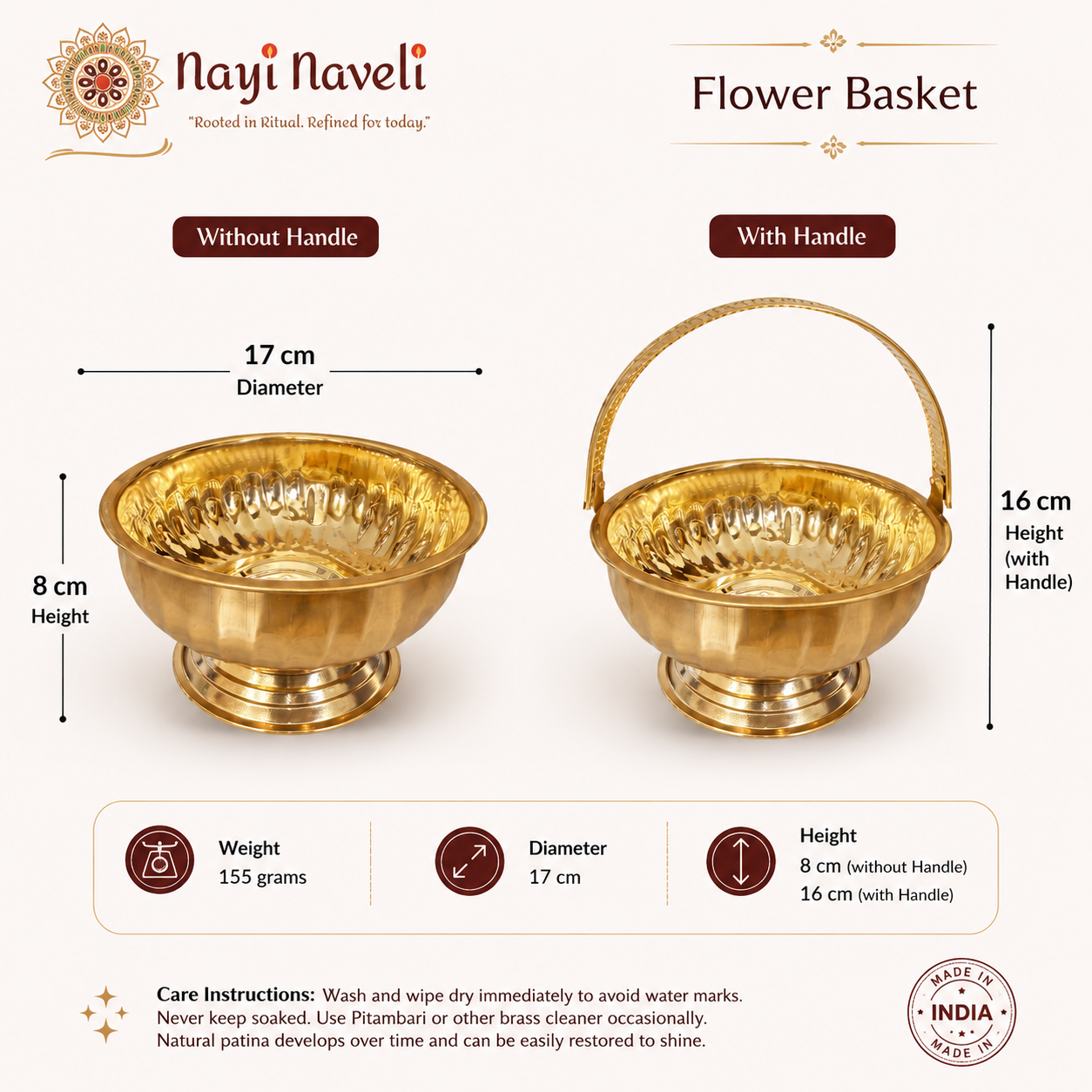 Nayi Naveli Handcrafted Brass Flower Basket 17 cm | Decorative Floral Arrangement Container with Handle