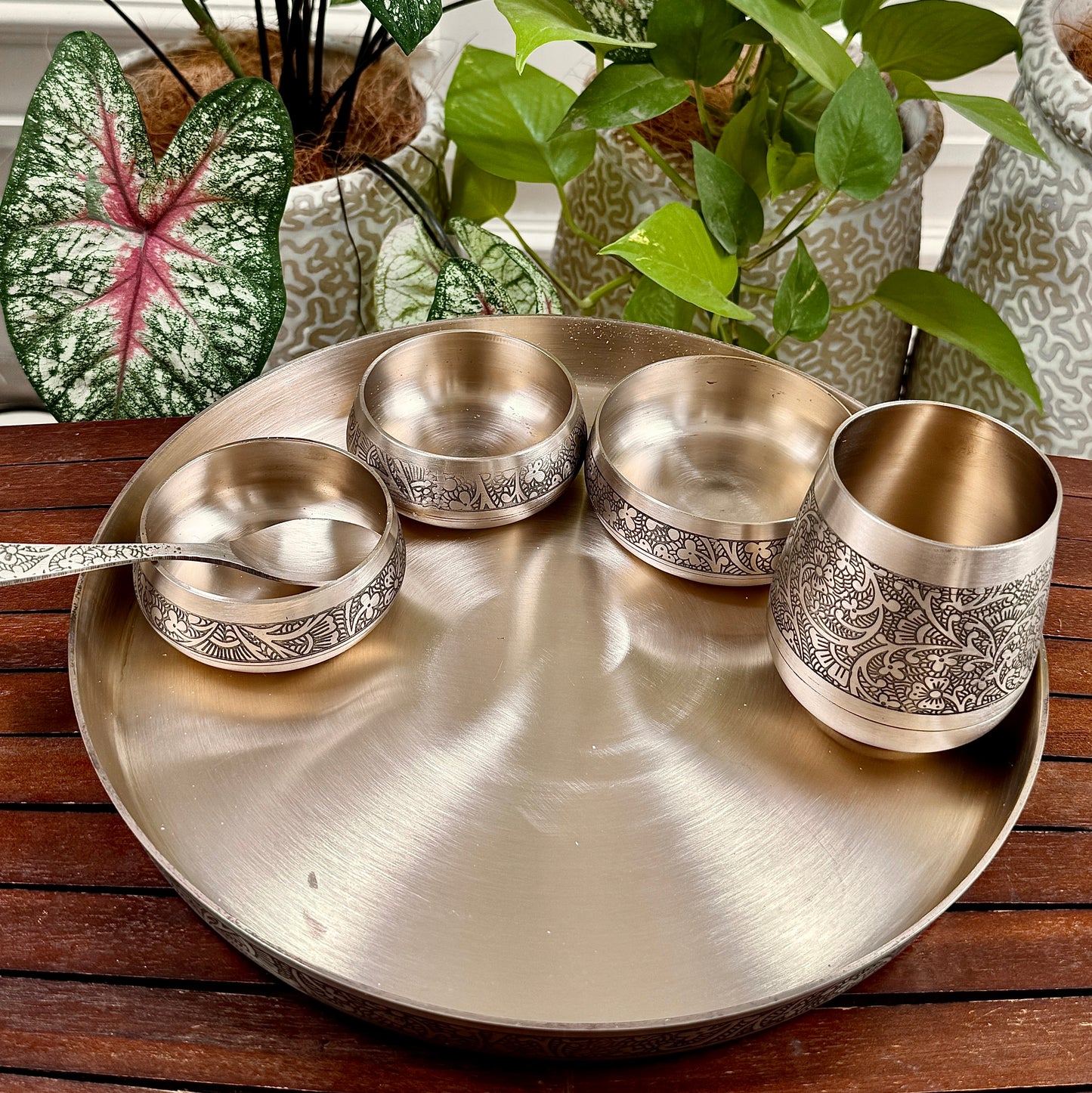 Handcrafted Bronze Thali Set with Intricate Engravings