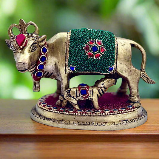 Premium Brass Kamadhenu Cow & Calf Idol | Handcrafted Decor | Traditional Indian Gift