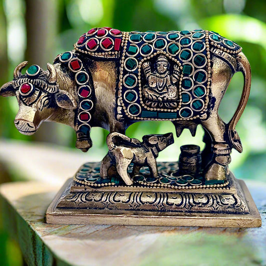 Sacred Kamdhenu Cow with Calf | Antique Brass Idol with Stone Work | Divine Home Decor & Pooja Room Accent | Gift