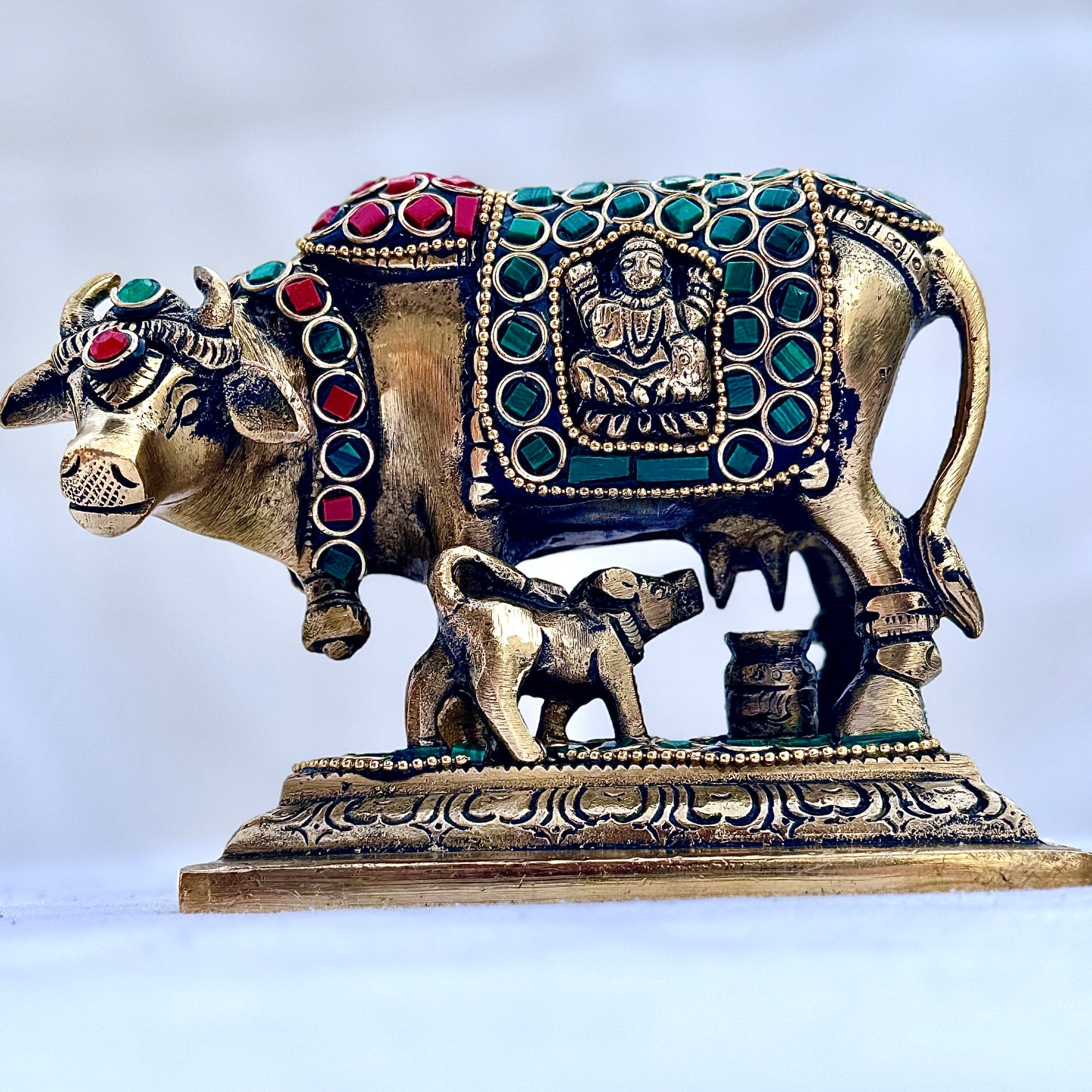 Sacred Kamdhenu Cow with Calf | Antique Brass Idol with Stone Work | Divine Home Decor & Pooja Room Accent | Gift