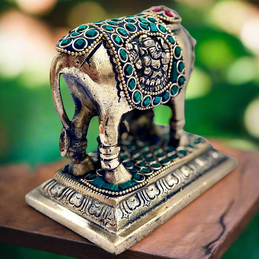 Sacred Kamdhenu Cow with Calf | Antique Brass Idol with Stone Work | Divine Home Decor & Pooja Room Accent | Gift