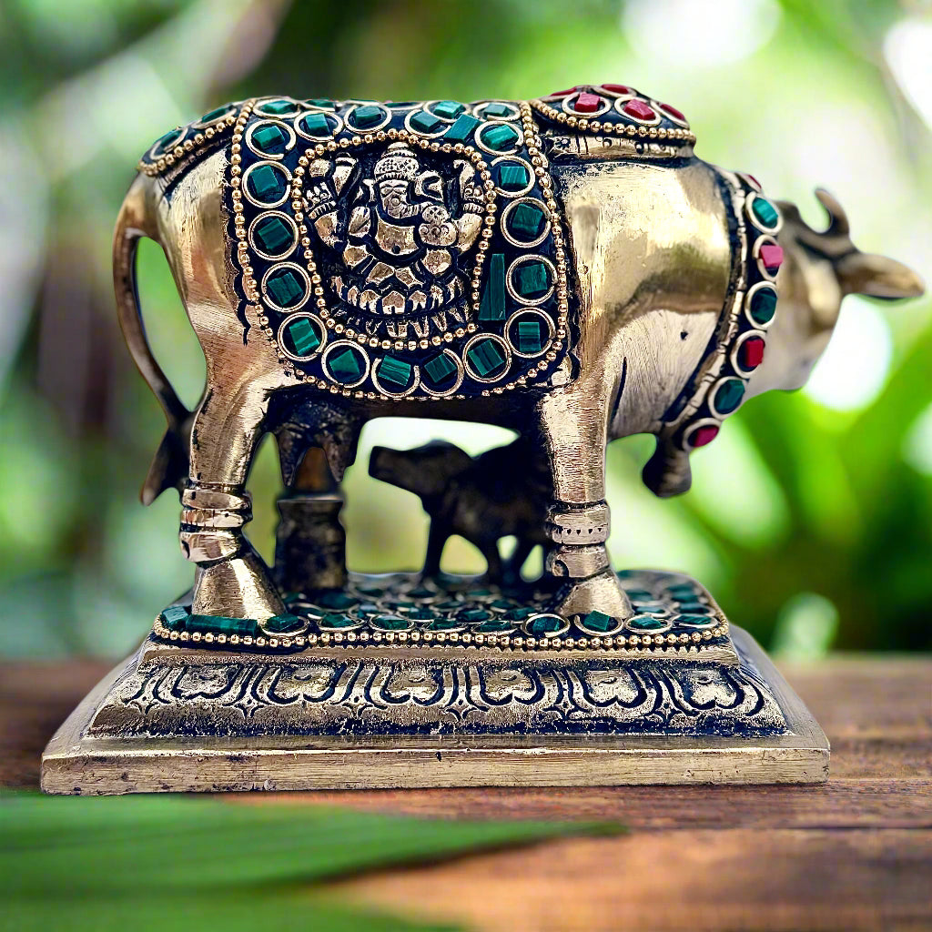 Sacred Kamdhenu Cow with Calf | Antique Brass Idol with Stone Work | Divine Home Decor & Pooja Room Accent | Gift
