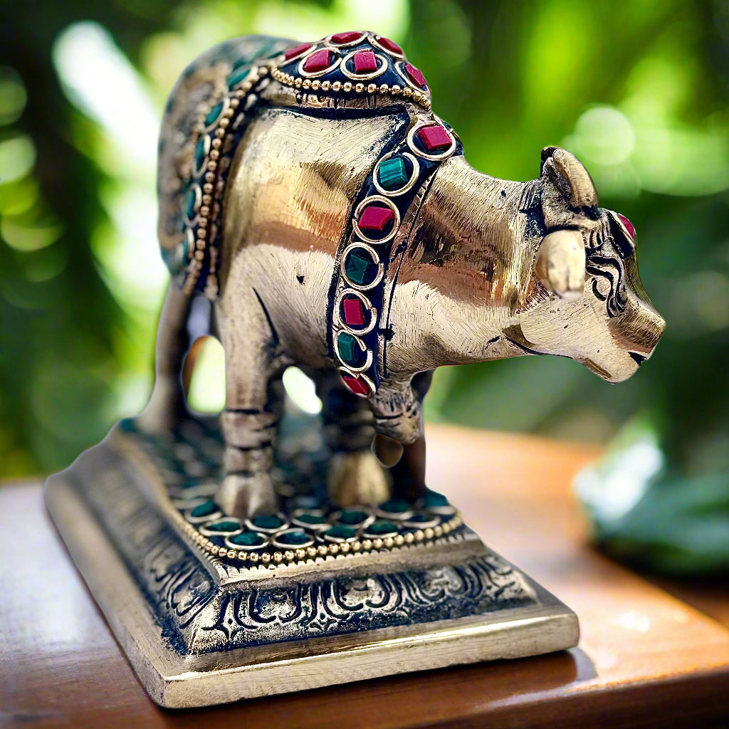 Sacred Kamdhenu Cow with Calf | Antique Brass Idol with Stone Work | Divine Home Decor & Pooja Room Accent | Gift