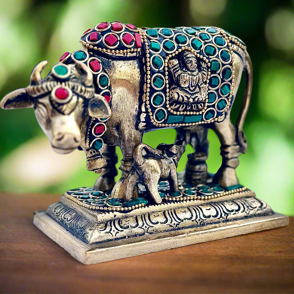 Sacred Kamdhenu Cow with Calf | Antique Brass Idol with Stone Work | Divine Home Decor & Pooja Room Accent | Gift