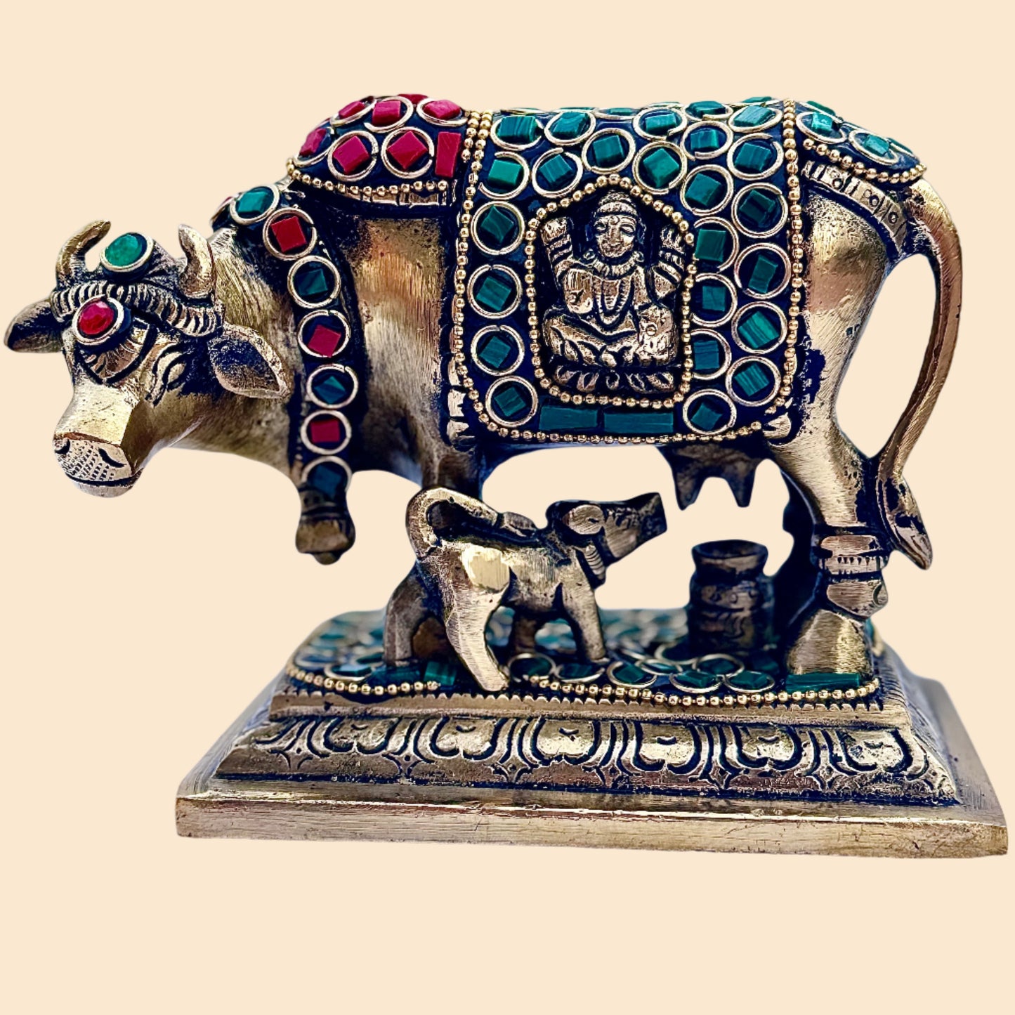 Sacred Kamdhenu Cow with Calf | Antique Brass Idol with Stone Work | Divine Home Decor & Pooja Room Accent | Gift