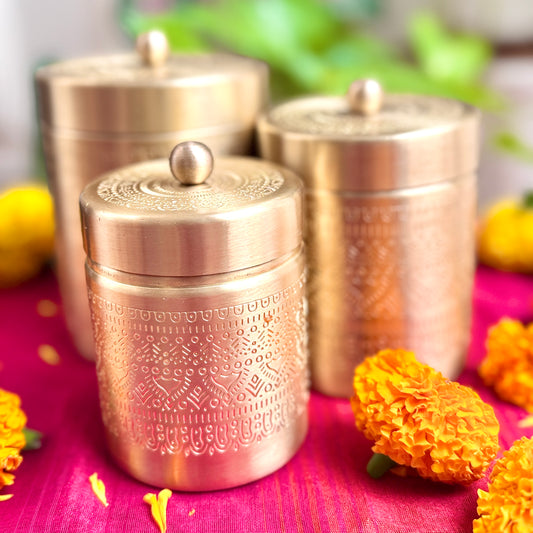 Premium Brass Storage Containers (Set of 3) | Mandala Engraved | Made in India