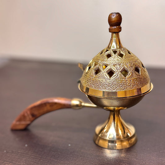 🪔 Premium Brass Dhoop Daani with Wooden Handle – Made in India