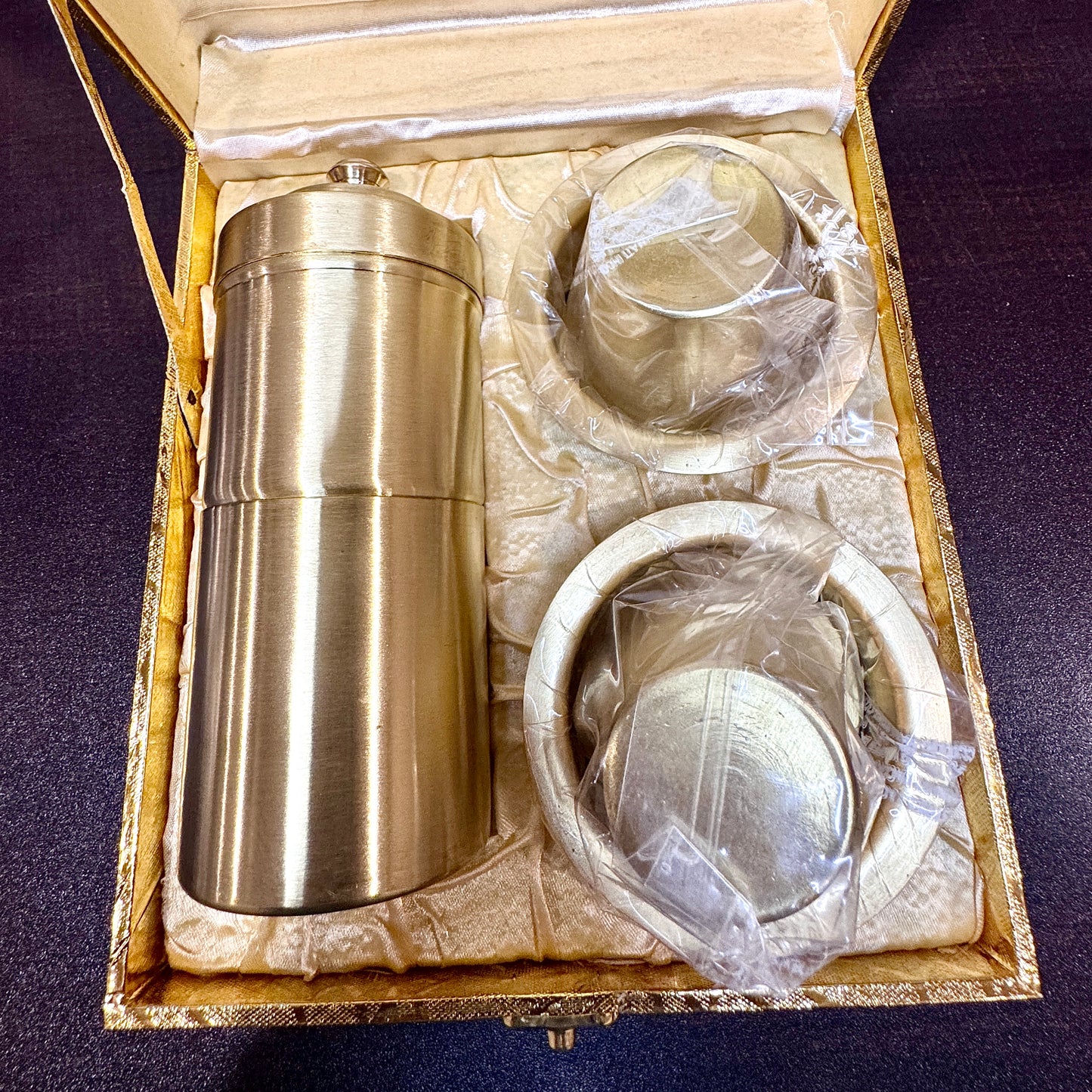 Premium Pure Brass South Indian Coffee Filter & Dabara Set – Golden Gift Box Edition