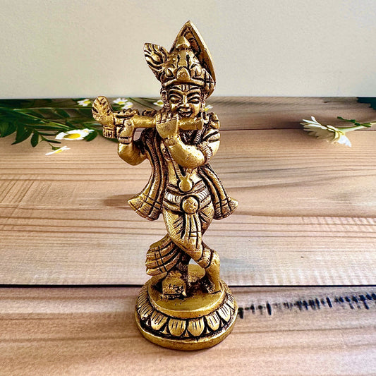 Brass Krishna Murti – 11cm Tall, 300g | Devotional Idol for Puja & Home Décor