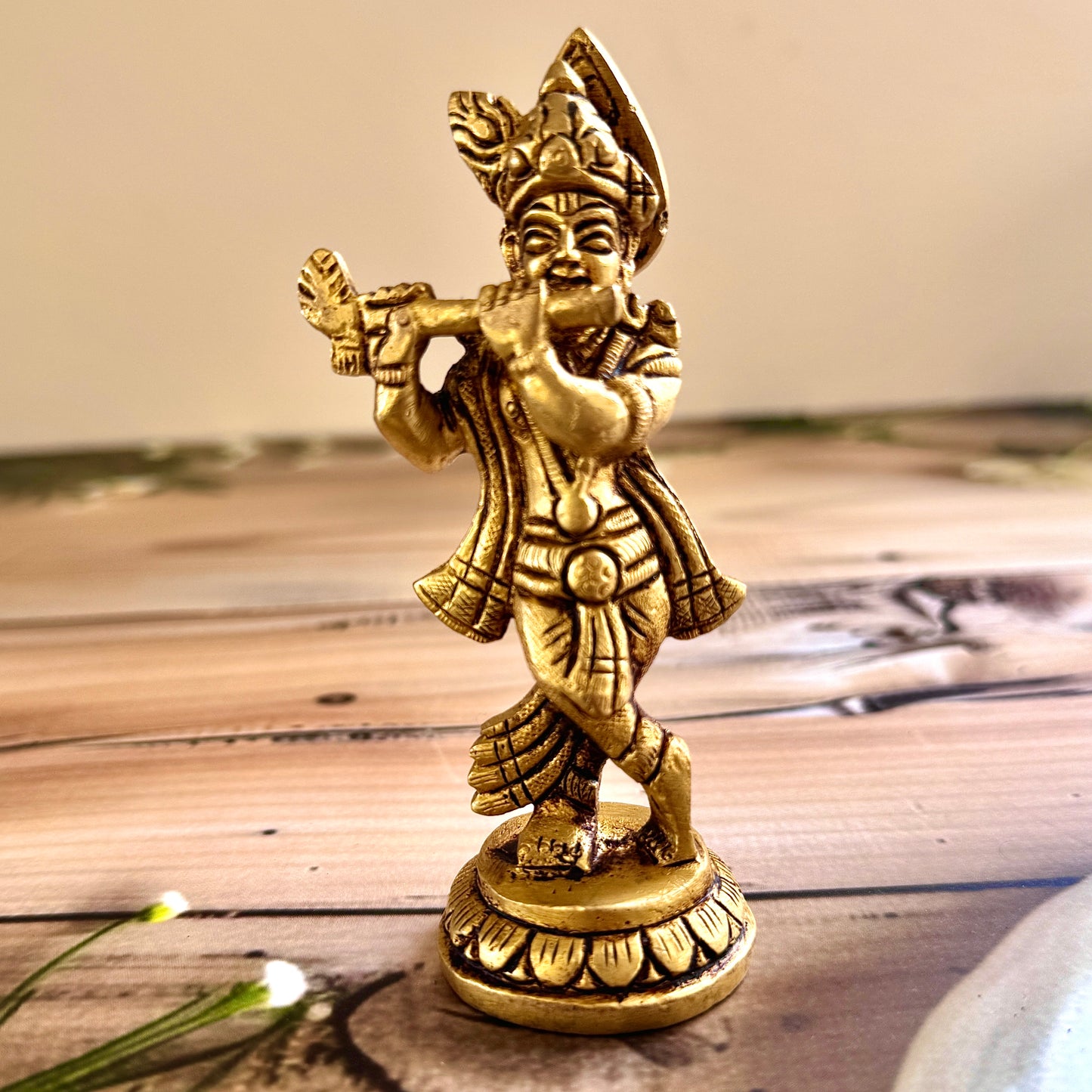 Brass Krishna Murti – 11cm Tall, 300g | Devotional Idol for Puja & Home Décor