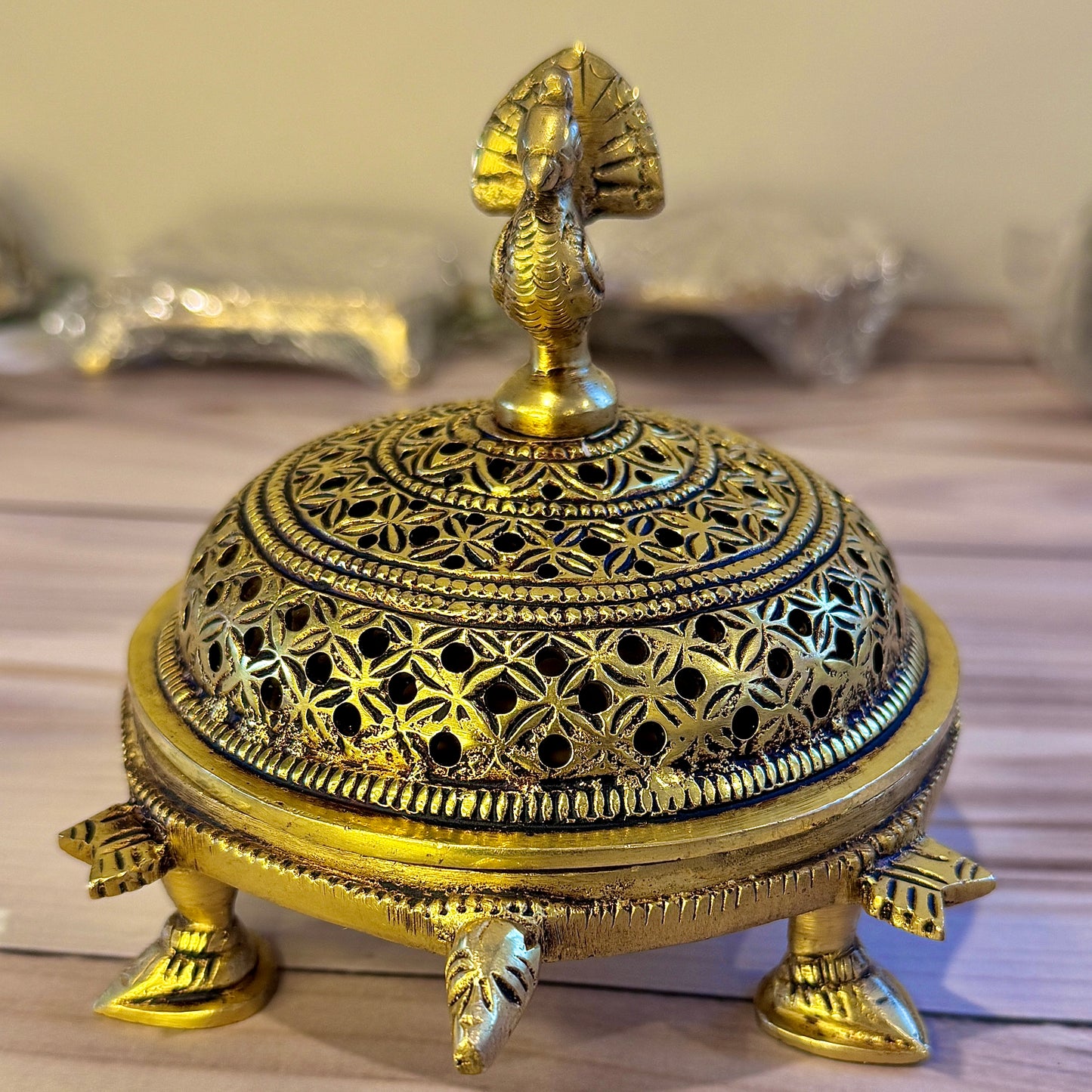 Premium Heavy Brass Dhoop Burner with Peacock & Turtle Design