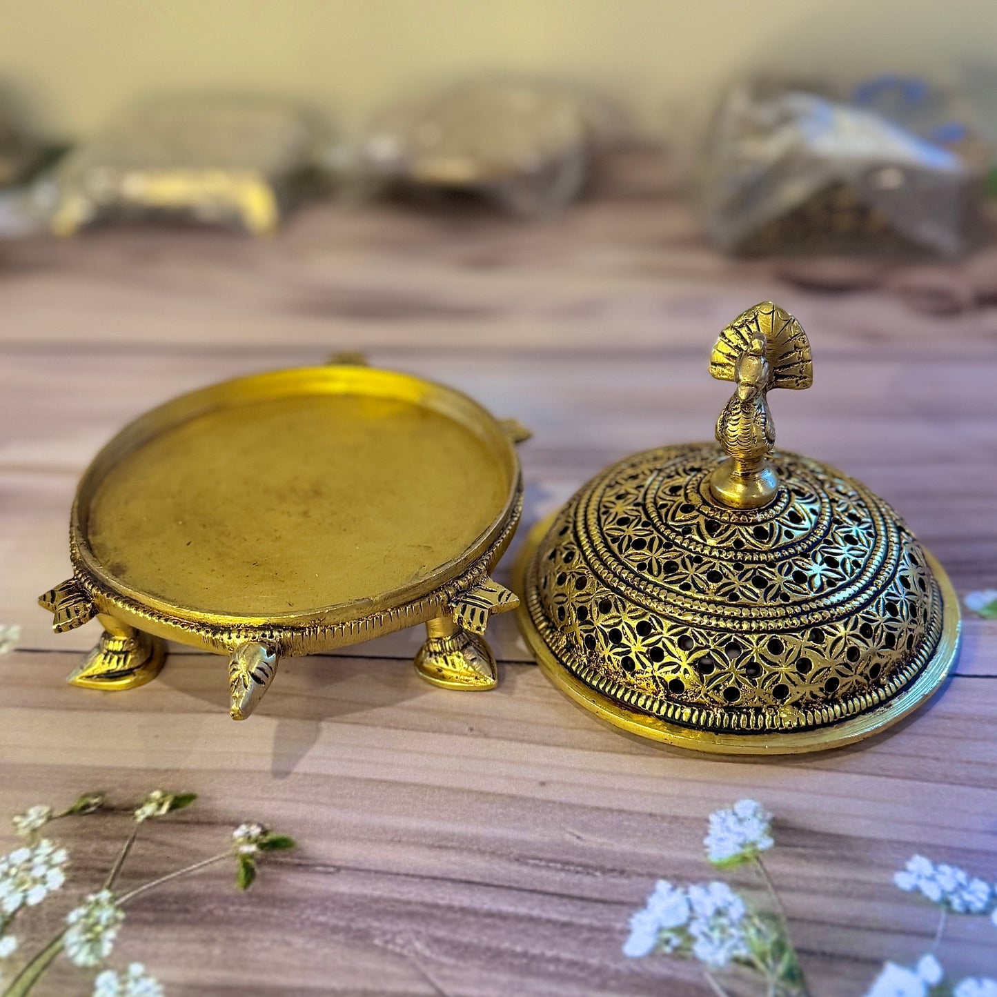 Premium Heavy Brass Dhoop Burner with Peacock & Turtle Design