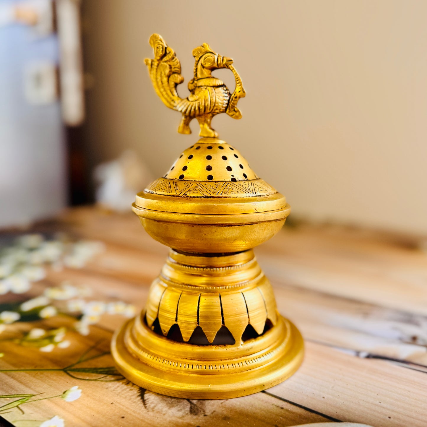 Premium Heavy Brass Dhoop Burner with Peacock & Turtle Design