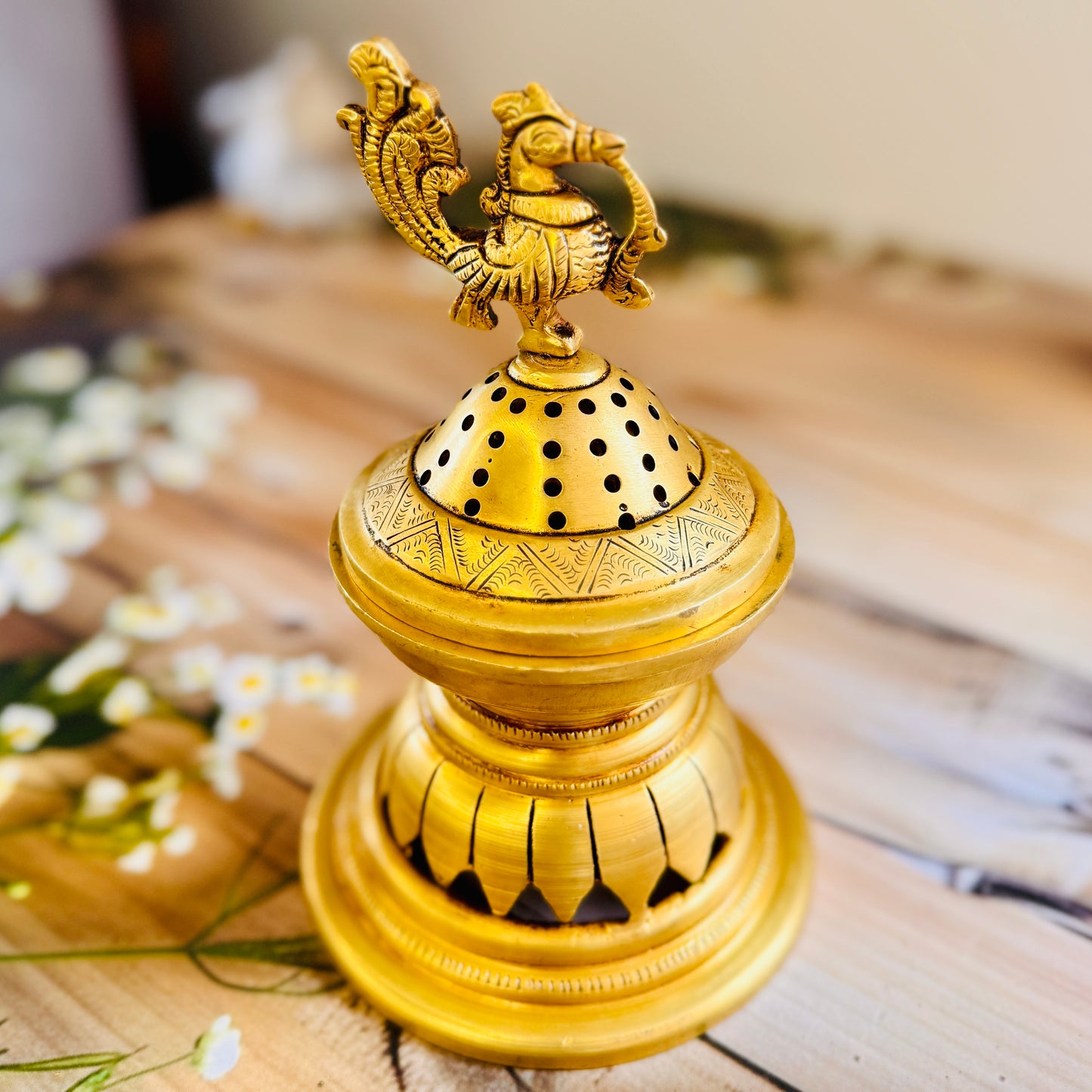 Premium Heavy Brass Dhoop Burner with Peacock & Turtle Design