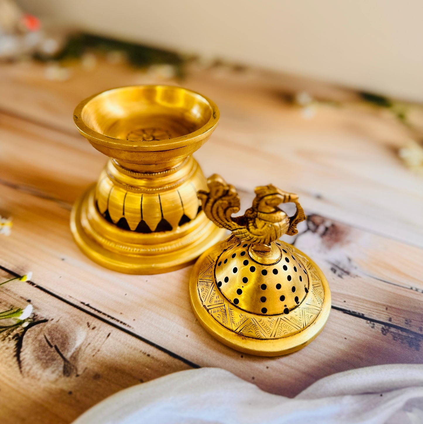 Premium Heavy Brass Dhoop Burner with Peacock & Turtle Design