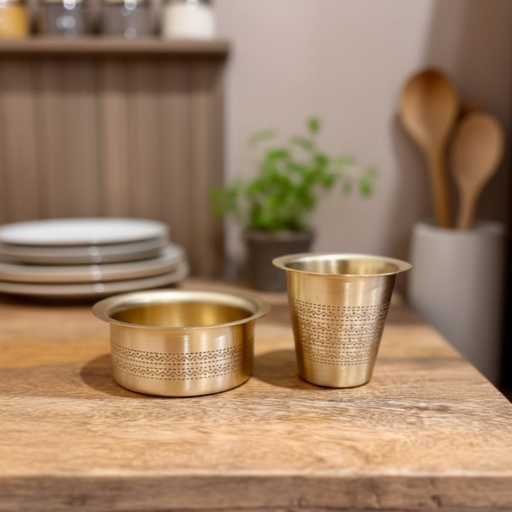 Premium South Indian Brass Filter Coffee Dabra – Traditional Davara Tumbler Set (Made in India)