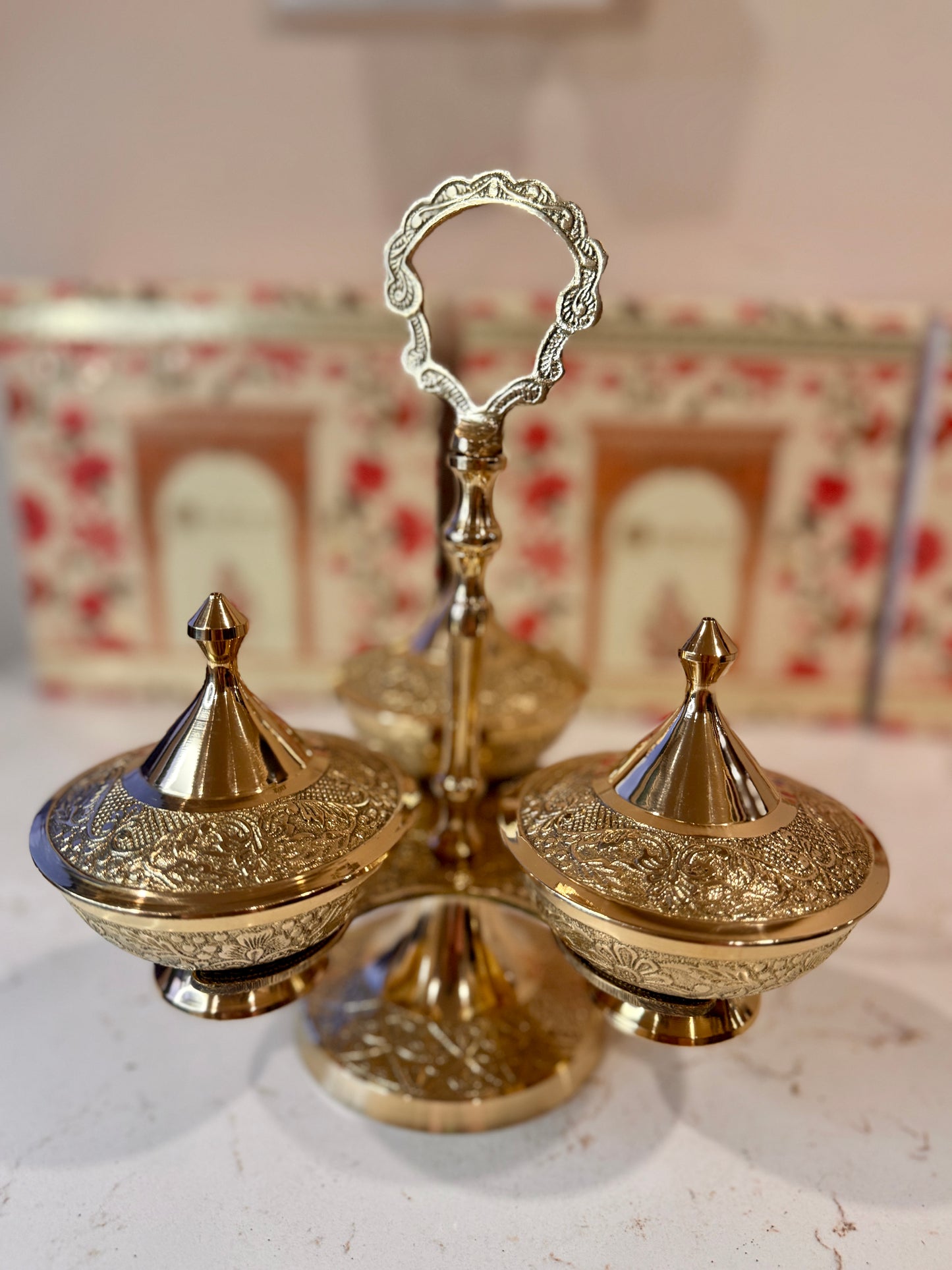 Premium Pure Brass Dry Fruit Stand – 3 Bowl Designer Server