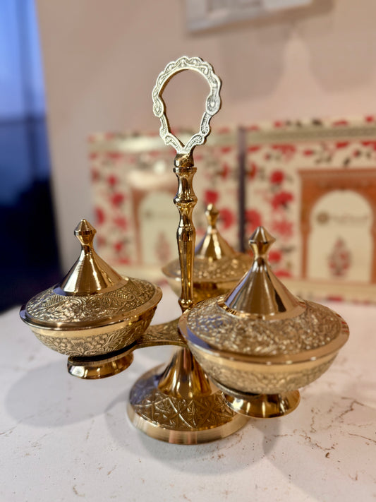 Premium Pure Brass Dry Fruit Stand – 3 Bowl Designer Server